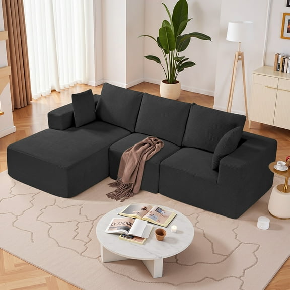 KFFKFF Sectional Sofa Set, L-Configured Modular Seating with Lounger, Plush Couch with Superior Resilience Sponge and Density, Corduroy Upholstered Sofa with Pillows for Lounge, Boudoir, Ebony