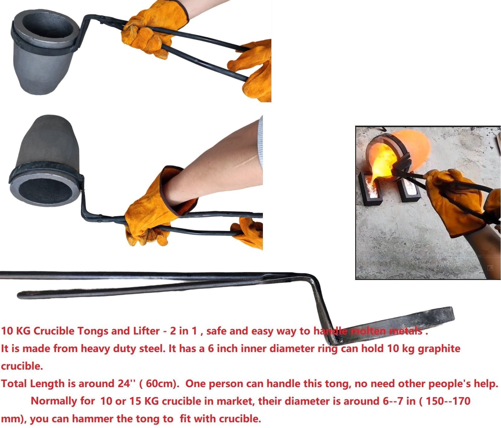 LSMIITTH G Crucible Tongs And Lifter for Pouring and Lifting - 2 in 1 Metal Casting Foundry Tool