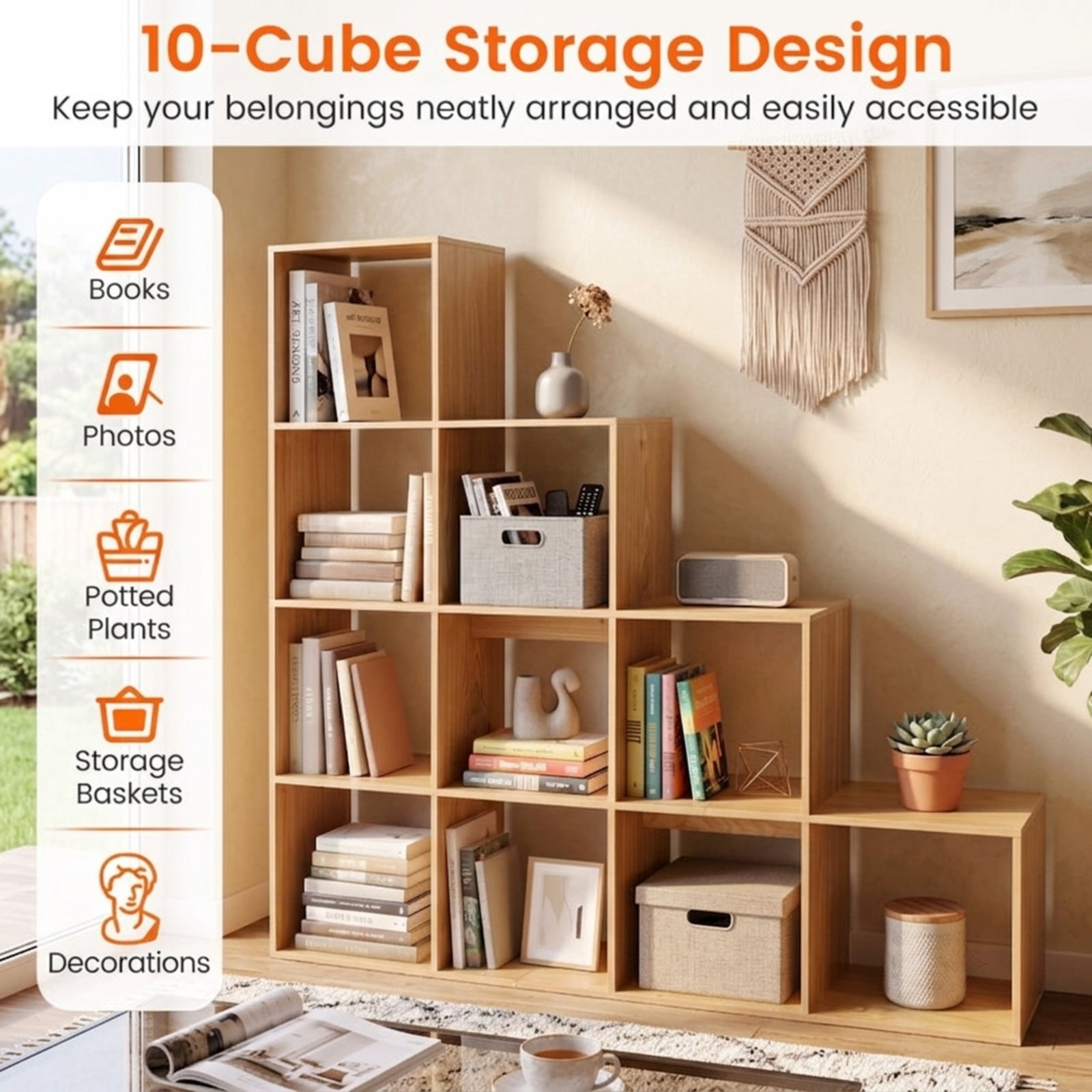 Furnibear 4-Tier Tall Bookshelf with 10 Open Cubes Anti-Tipping Kits and Screw Hole Covers for Home Office and Living Room, White
