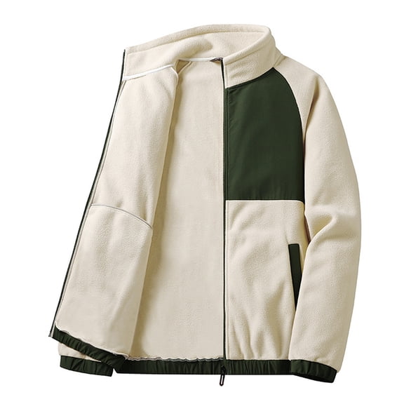 CHEEREAM Men's Full Zip Soft Polar Fleece Jacket Color Block Outdoor Recreation Coat with Pockets Long-Sleeve Comfortable Outerwear with Pockets Khaki M