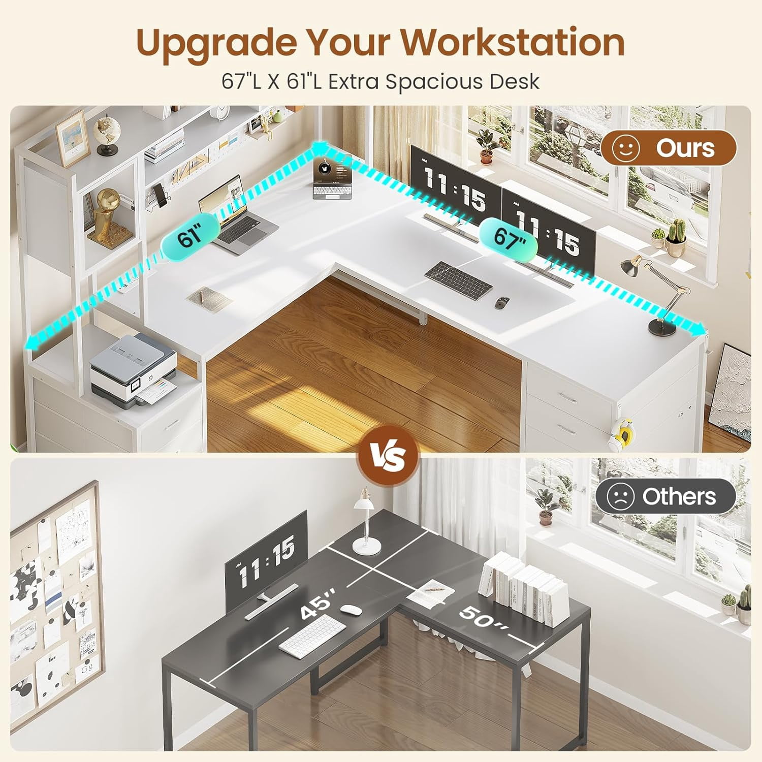 SEDETA L Shaped Gaming Desk with Drawers, Reversible Computer Corner Desk with File Drawer, Hutch, Storage Shelves for Home Office, Gaming Two Person Desk with Led Lights, Power Outlet, White