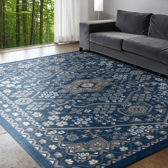 Hampton Traditional 5' x 7' Navy and Gray Polypropylene Indoor Area Rug