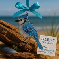 Bluebird Sea Glass Ornament, Stained Glass Hummingbird Hanging Ornament Christmas Tree Decoration, Best Friends and Sisters Coastal Gifts, with Bows, Memorial Ornament, Birds Watchers (Blue Jay)