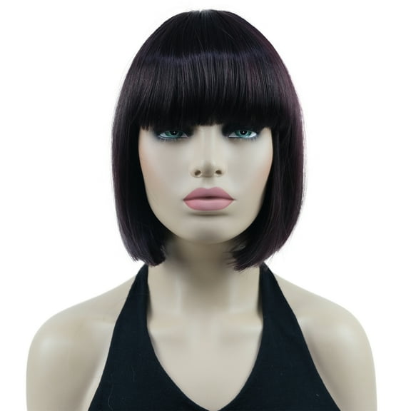 Short Bob Wig with Flat Bangs for Lady Women, Straight Synthenic Wigs for Cosplay Daily Party, 8 inch, Dark Burgundy Red