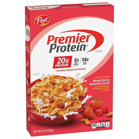 Post Premier Protein Mixed Berry Almond Cereal, Mixed Berry Protein Cereal, Crunchy 11 oz Box(pack of 2)