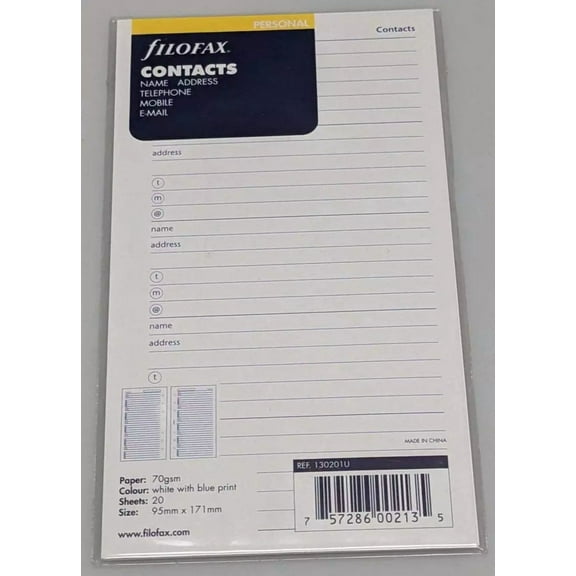 Filofax Personal Contacts Insert, Name, Address, Telephone, Mobile, Email #13020