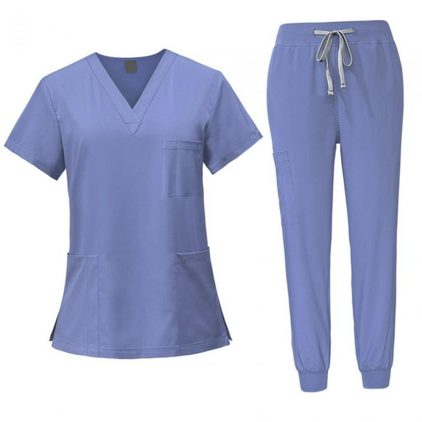 Conjunto de uniforme médico para mujer con cordón ajustable, camiseta y pantalones con cuello en V duraderos Azul claro