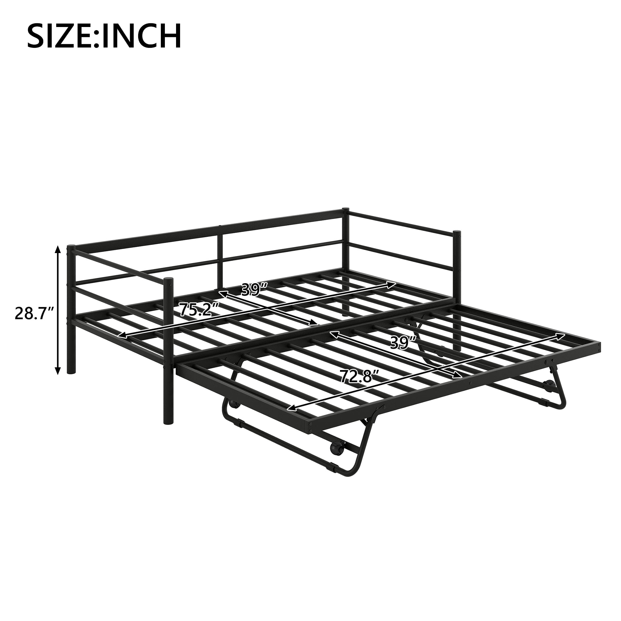EUROCO Twin Metal Daybed with Pop-up Trundle and LED Light for Child, Solid Metal, No Box Spring Needed, Black