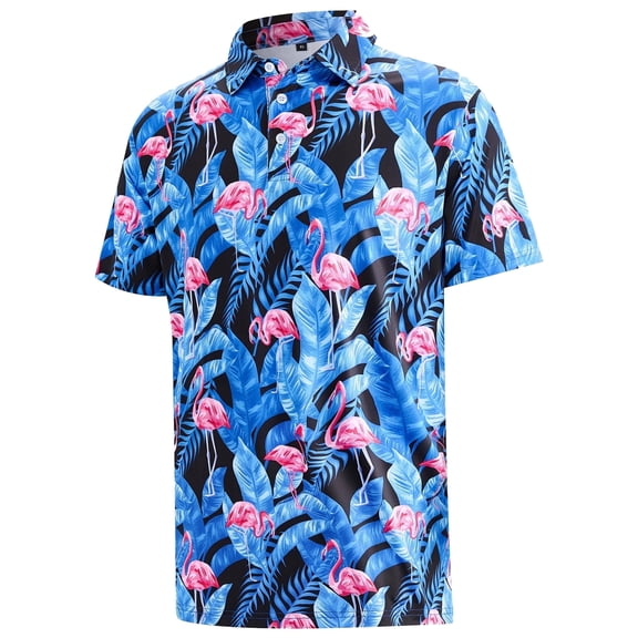 APTRO Mens Golf Shirt Hawaiian Polo Shirt Short Sleeve Dry Fit Performance Moisture Wicking Collared Polo Shirt With Print Flamingo Blue MPO04 L
