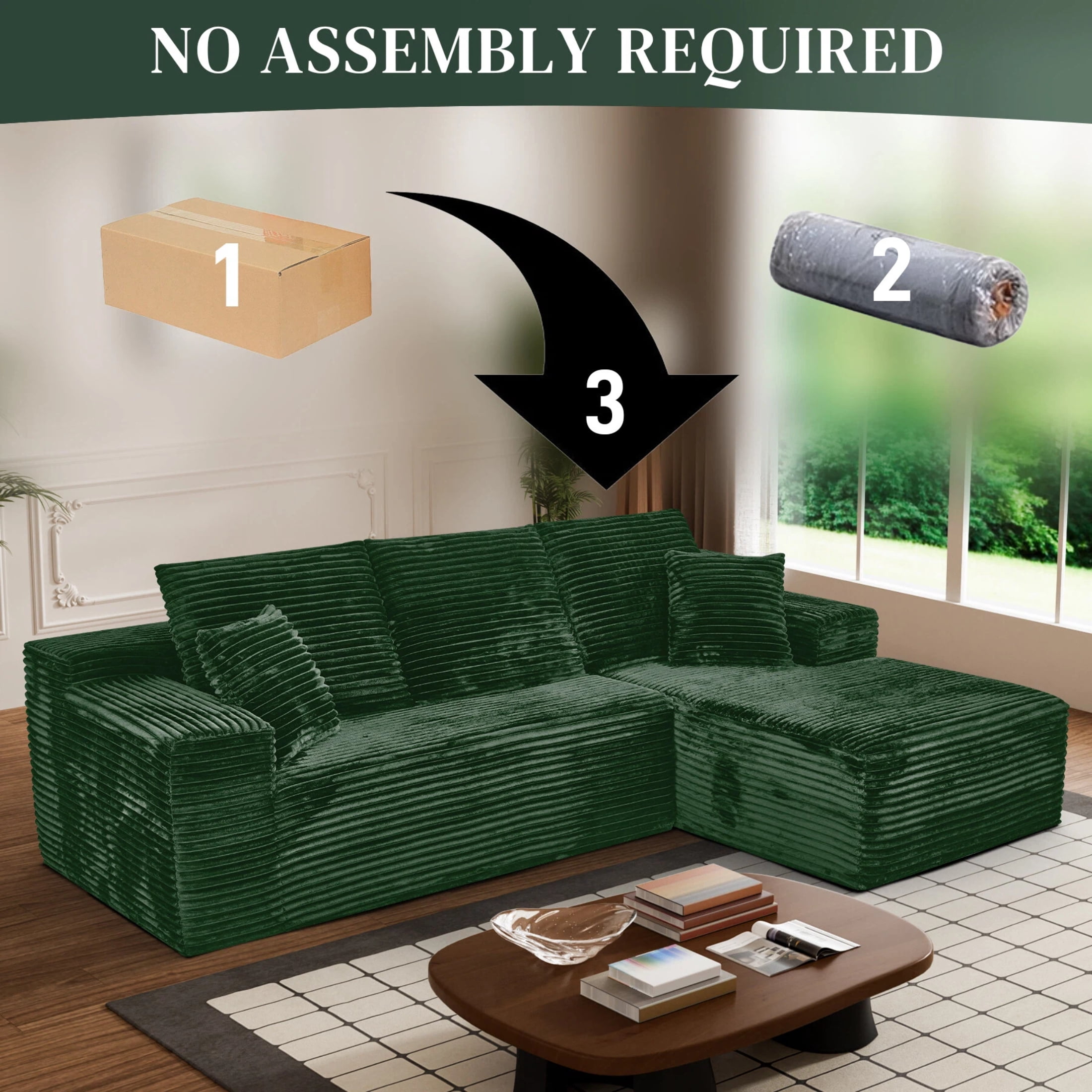 AISWORD 107.5" Corduroy Boneless L Shaped Modular Sectional Sofa with Right Facing Chaise, Deep Seat Compressed Couch with Throw Pillows, No Assembly Required, Green