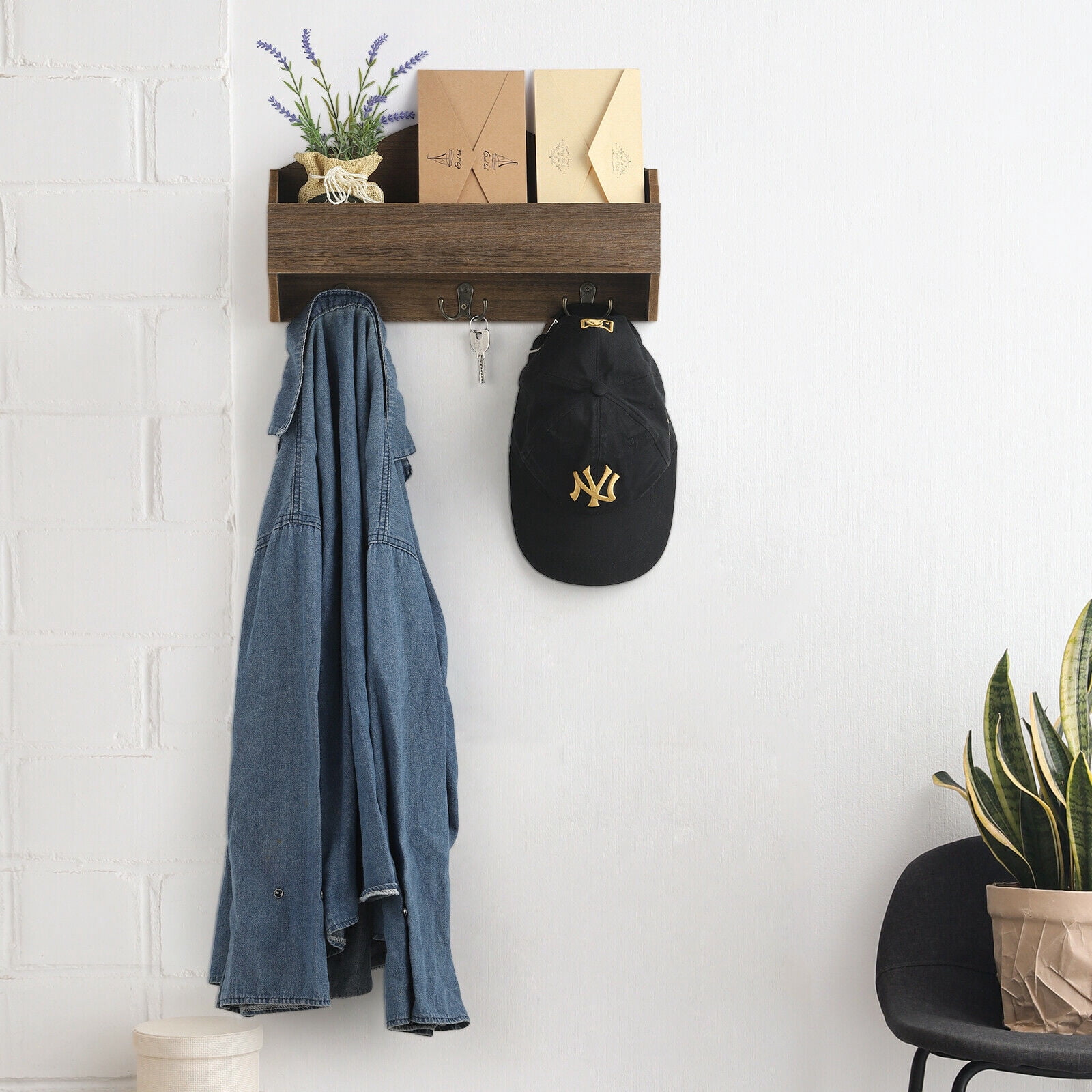 Rustic Wooden Wall Mounted Mail Sorter Wall Hanging Rack with 3 Double Key Hooks