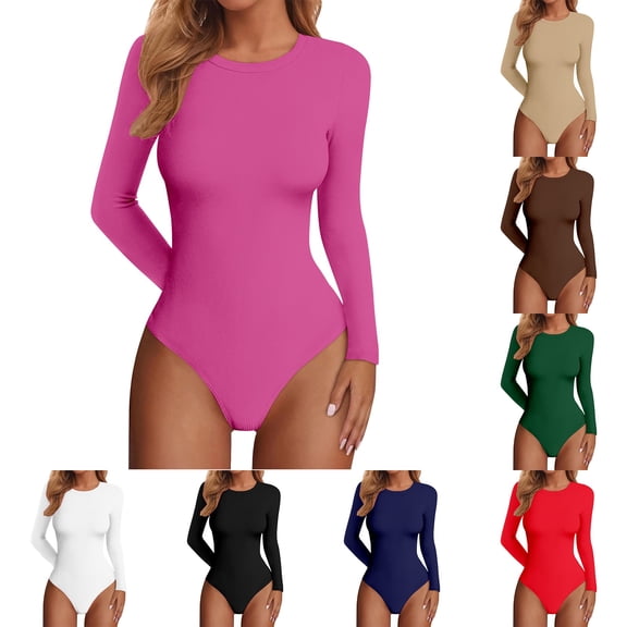 YVNAURA Ribbed Bodysuit for Women Long Sleeve Slim Fit Womens Bodysuit 2026 Fall Basic Layering Tops Bodysuit for Women Fall Fashion Winter Clothing Daily, Hot Pink,L