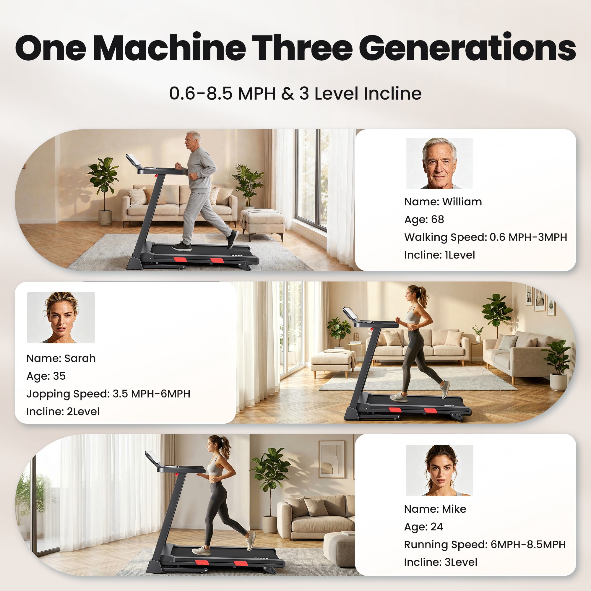 Naipo 3 Level Manual Incline Treadmill 2.5HP Dual Storage Folding Modes Treadmill with 0.6-8.5MPH Speed Range Foldable Monitor Water Cup Holder & Safety Key for Home Gym Exercise 286lbs