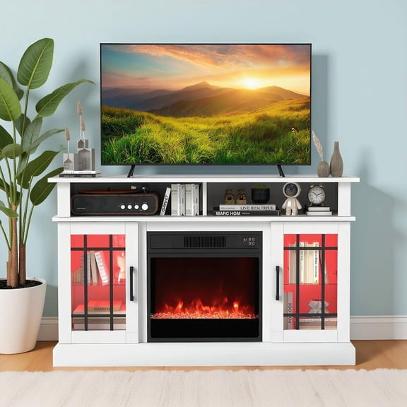 Barara King Entertainment Stand with Electric Fireplace LED Lights and Remote Controls for TVs Up to 40 Inch, TV Stand for Living Room, Home Office, White