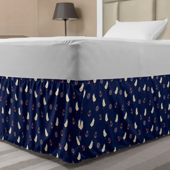 Blue Nautical Bed Skirt, Ocean Elements Birds in Marine Hats Steering Wheel Anchor, Elastic Bedskirt Dust Ruffle Wrap Around for Bedding Decor, 4 Sizes, Night Blue Multicolor, by Ambesonne