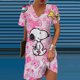 thumbnail image 3 of Vestido informal de verano para mujer, estampado de dibujos animados de Snoopy, cuello en V, manga corta, midi, dibujo teñido anudado, vestido de moda de talla grande, 3 of 5