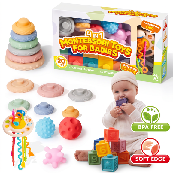 SYNCFUN Montessori Toys for Baby 0-3-6-12 Months, 4-in-1 Food-Grade Sensory Toys, Infant Stacking Circles Teether, Learning Gifts for Baby Girls Boys