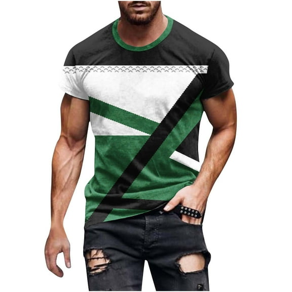 YUNAFFT Men Casual Round Neck Geometry Printing Pullover Short Sleeves T Shirt Contrast Color Blouse St. Parik's Day