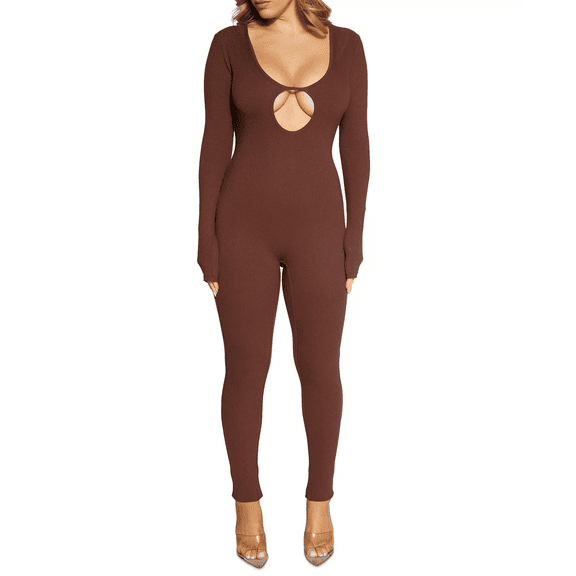 Naked Wardrobe BROWN Women's Long Sleeve Key Hole Jumpsuit, US L