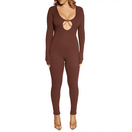 Naked Wardrobe BROWN Women's Long Sleeve Key Hole Jumpsuit, US S