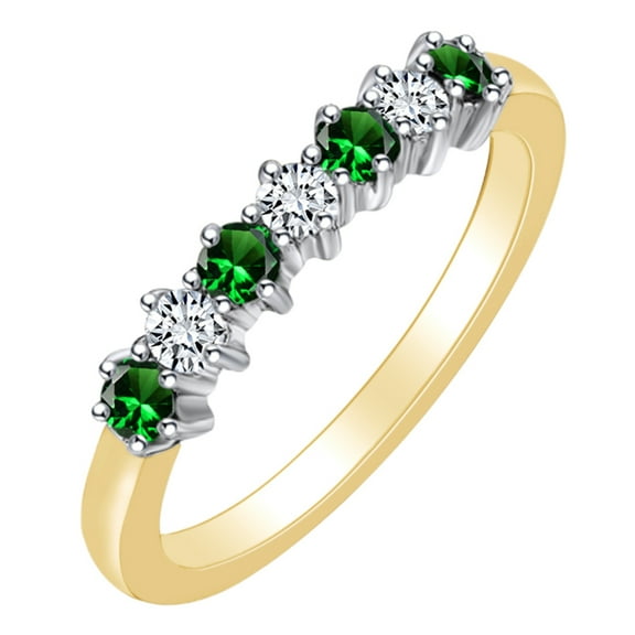 AFFY 0.4 Carat (Ctw) Simulated Emerald & White Natural Diamond Eternity Wedding Band Ring In 14k Solid Yellow Gold Ring Size-7