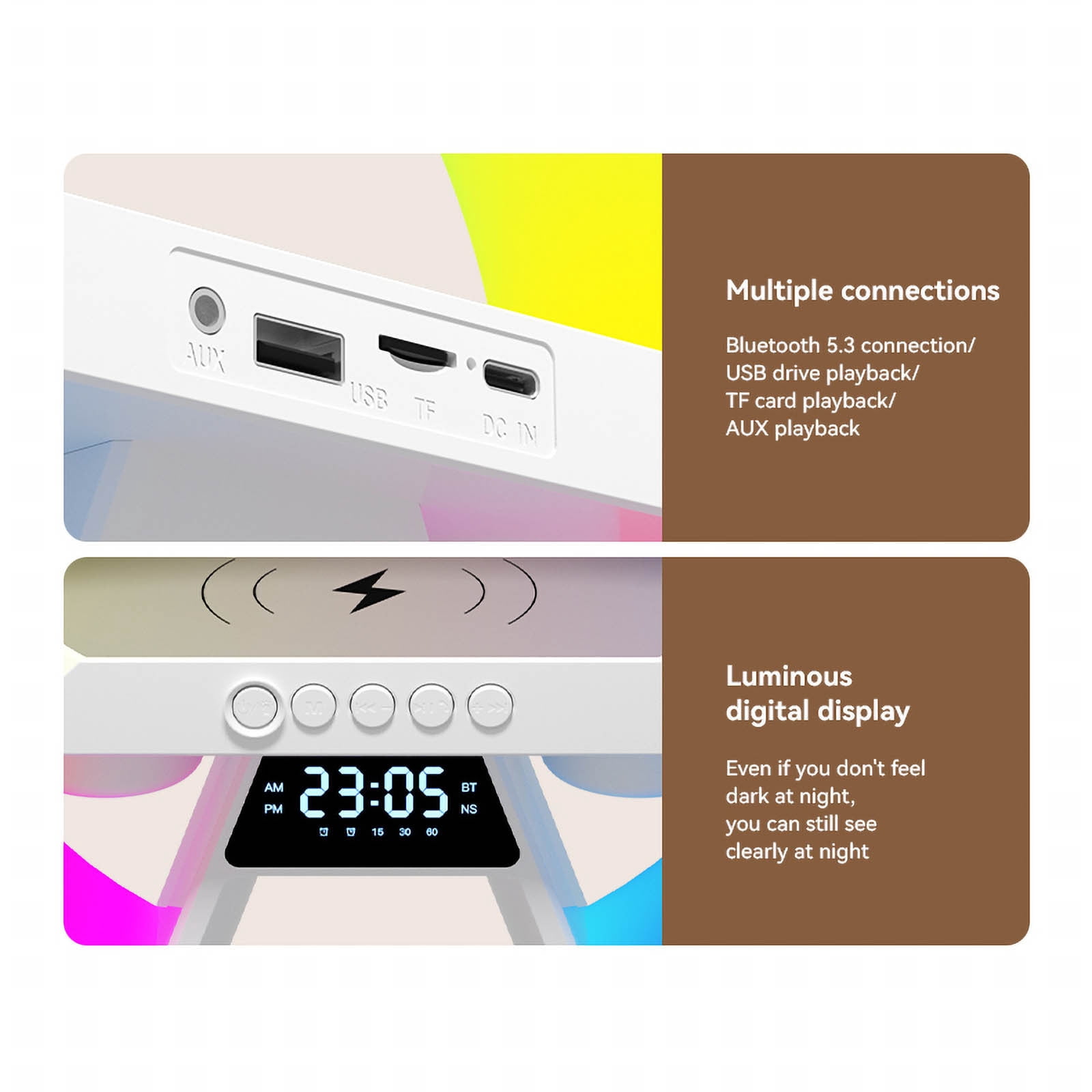 HOZVOMI Multi-Functional Wireless Charger Lamp with Bluetooth Speaker, 15W Fast Charging, Dimmable Light, Clock & Alarm, for Home and Office