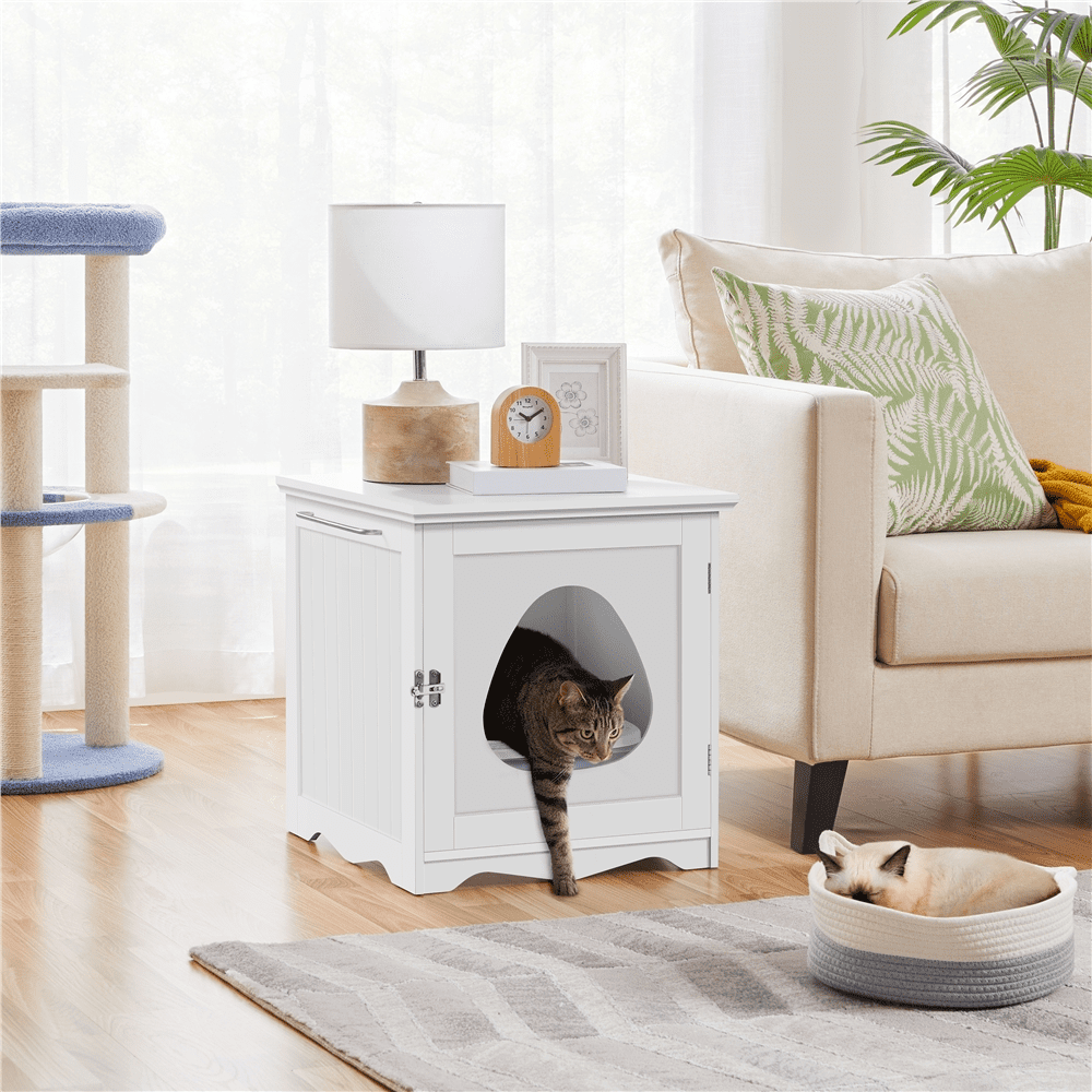 Alden Design Wooden Enclosed Litter Box Cat House Side Table, White
