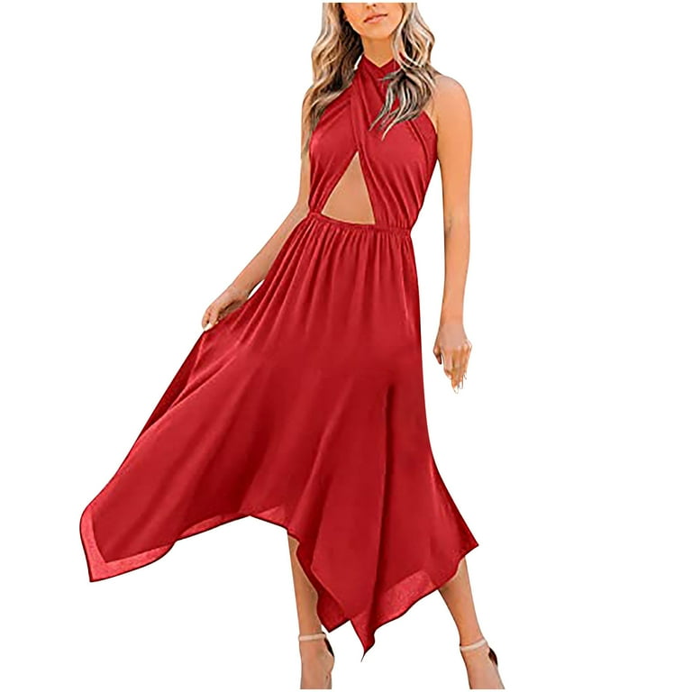Bigersell Sun Dresses Women Summer Casual Women Criss Cross Halter Neck  Flowy Midi Short Sleeve Dress Cocktail Party Dress Vacation Bohemian Dress 