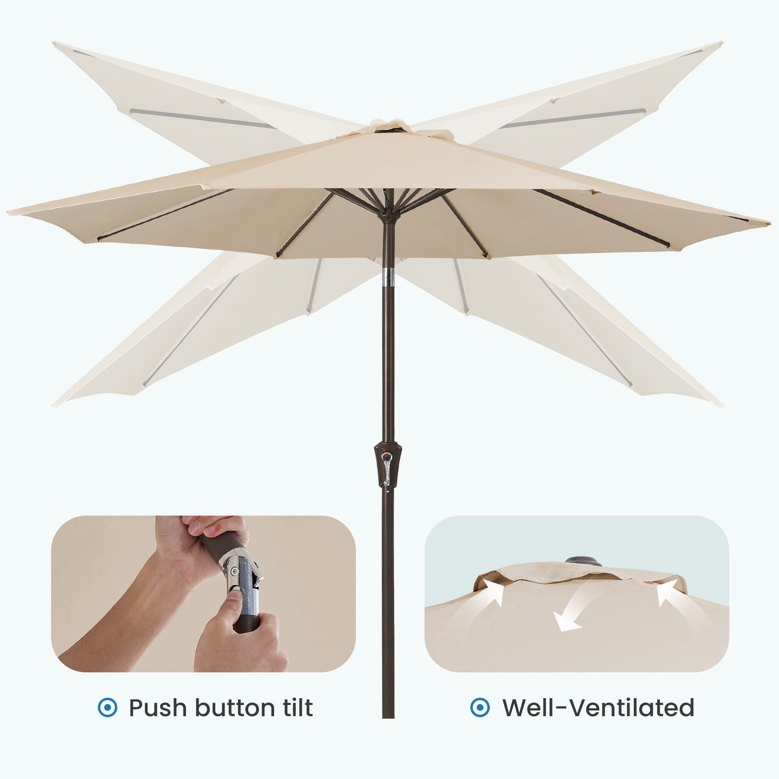 FUNDAZE 10FT Market Patio Umbrella with Push-Button Tilt and Crank Elevator, UV-Shield Canopy Ideal for Backyard, Poolside, Deck & Patio Dining, Beige