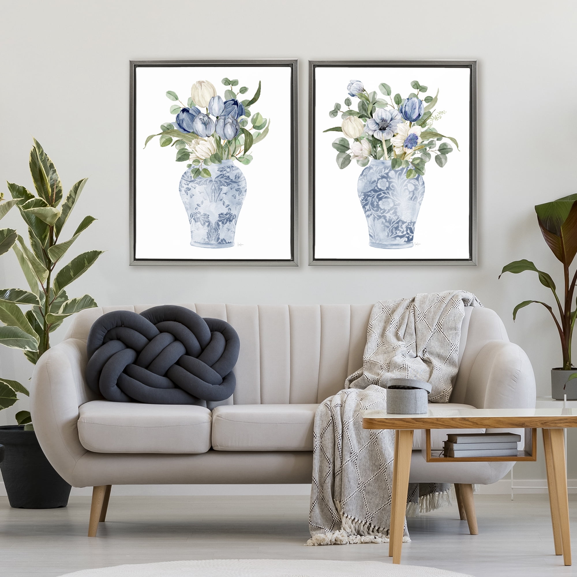 Stupell Industries Ornate Vase Tulip Collection 2 Piece Gray Framed Floater Canvas Set, design by Livi Finn