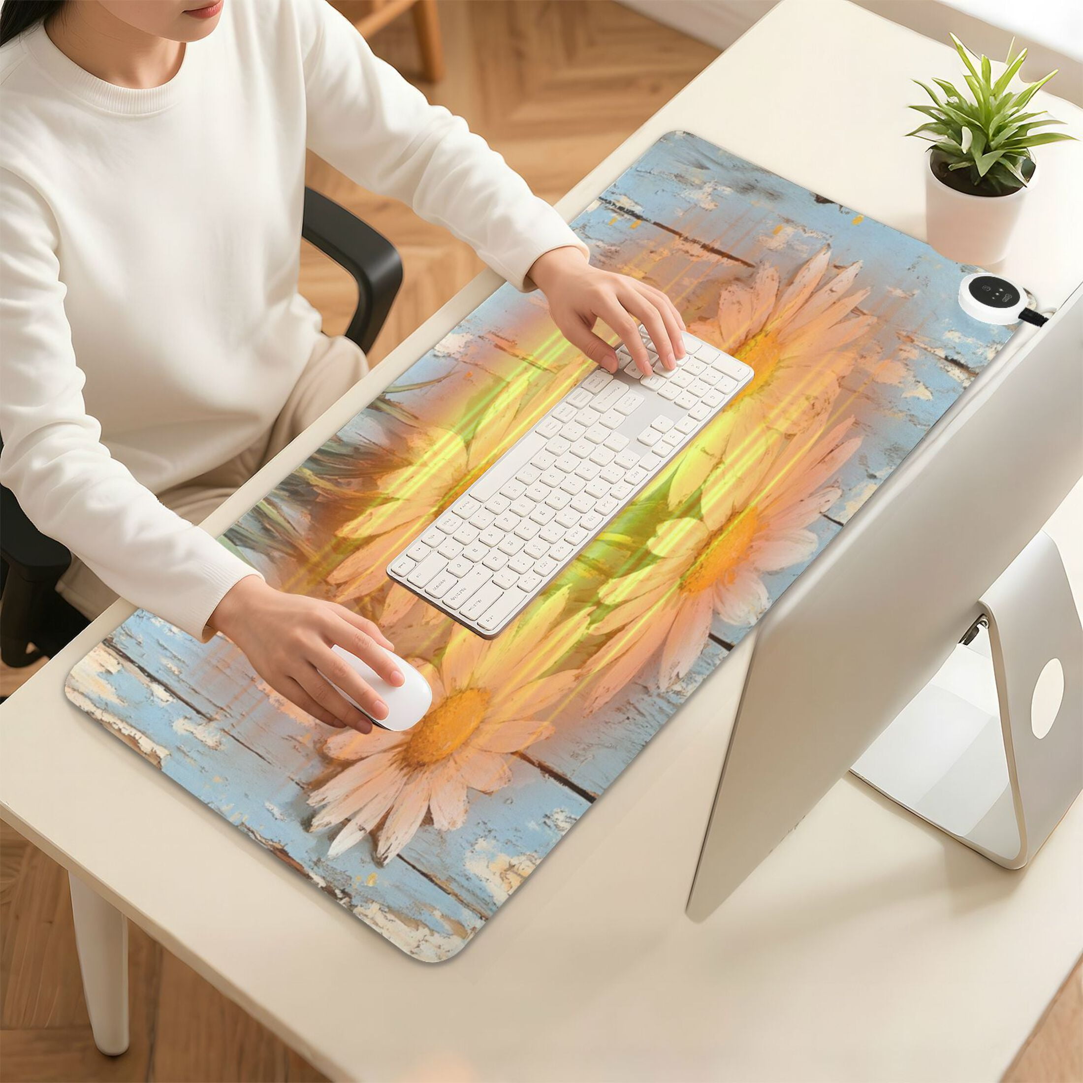 Wobogo Elegant Daisy Heated Mouse Pad Extra-Large Desk Mat With 3 Heating Levels and 3-hour Auto Shut-Off Protection Ideal for Computer Keyboards Home Office Hand-warming Essential 31.5in × 13in
