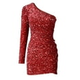 thumbnail image 6 of Elainilye Fashion Sequin Dress for Women Solid Sequins Thin One Shoulder Long Sleeve Prom Dress Party Club Dress,Red, 6 of 6