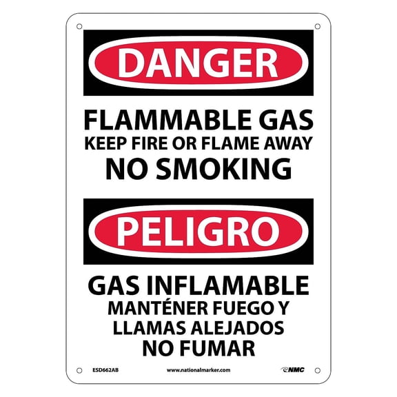 National Marker Flammable Gas Keep Fire Or Flame Away No Smoking Bilingual 14 X10 .040 Aluminum