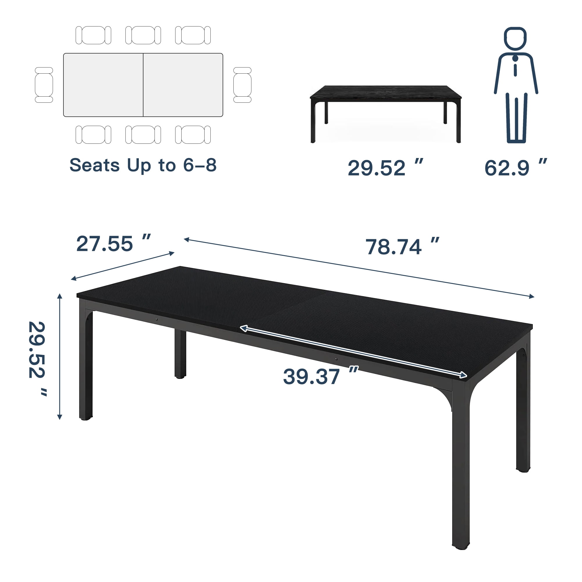 Demi Bonn 78" Farmhouse Dining Table, Wood Rustic Kitchen Table for 8 People, Large Rectangular Dinner Table for Dining Room, Home Office, Living Room Furniture, Black