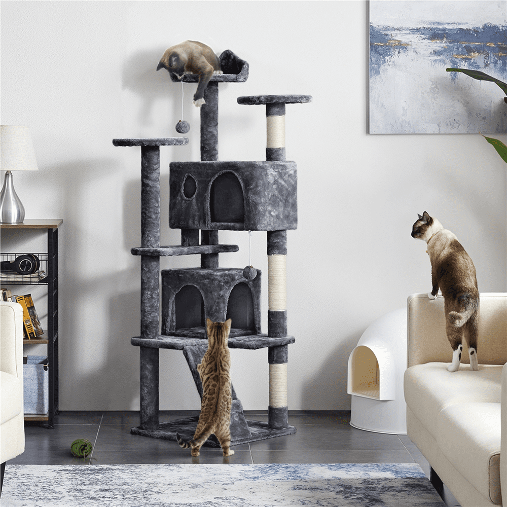 Alden Design 61.5''H Double Condo Cat Tree with Scratching Post Tower, Dark Gray
