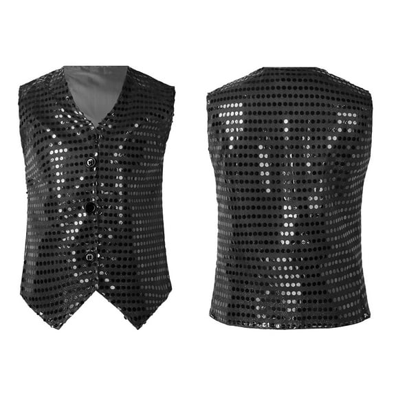 Jizyo Boys Girls Sequined Waistcoat Vest Modern Dance Jazz Choir Sleeveless Jacket Top Performance Black 120