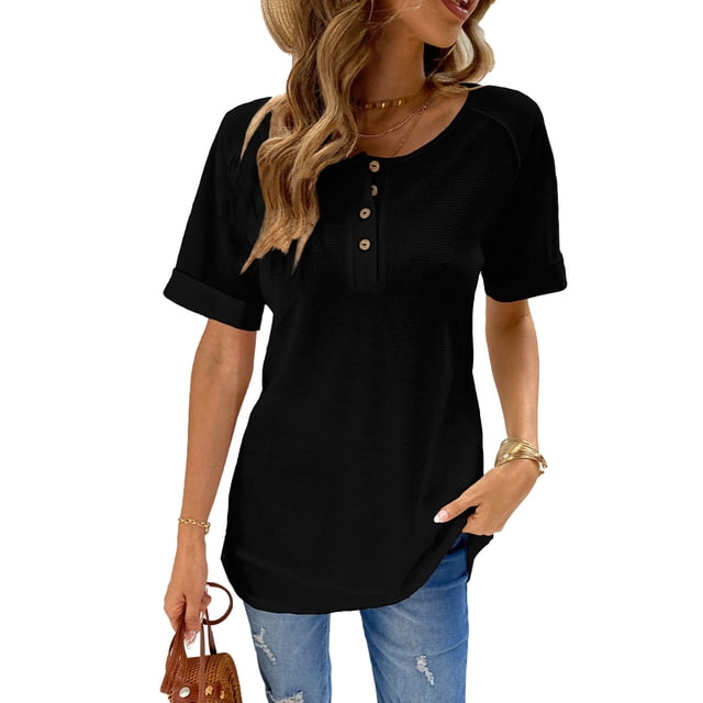 Blusa de Manga Corta Color Puro Escote en V Blusa de Manga Corta Ajustada Informal para Lady Girl Verano Negro XL