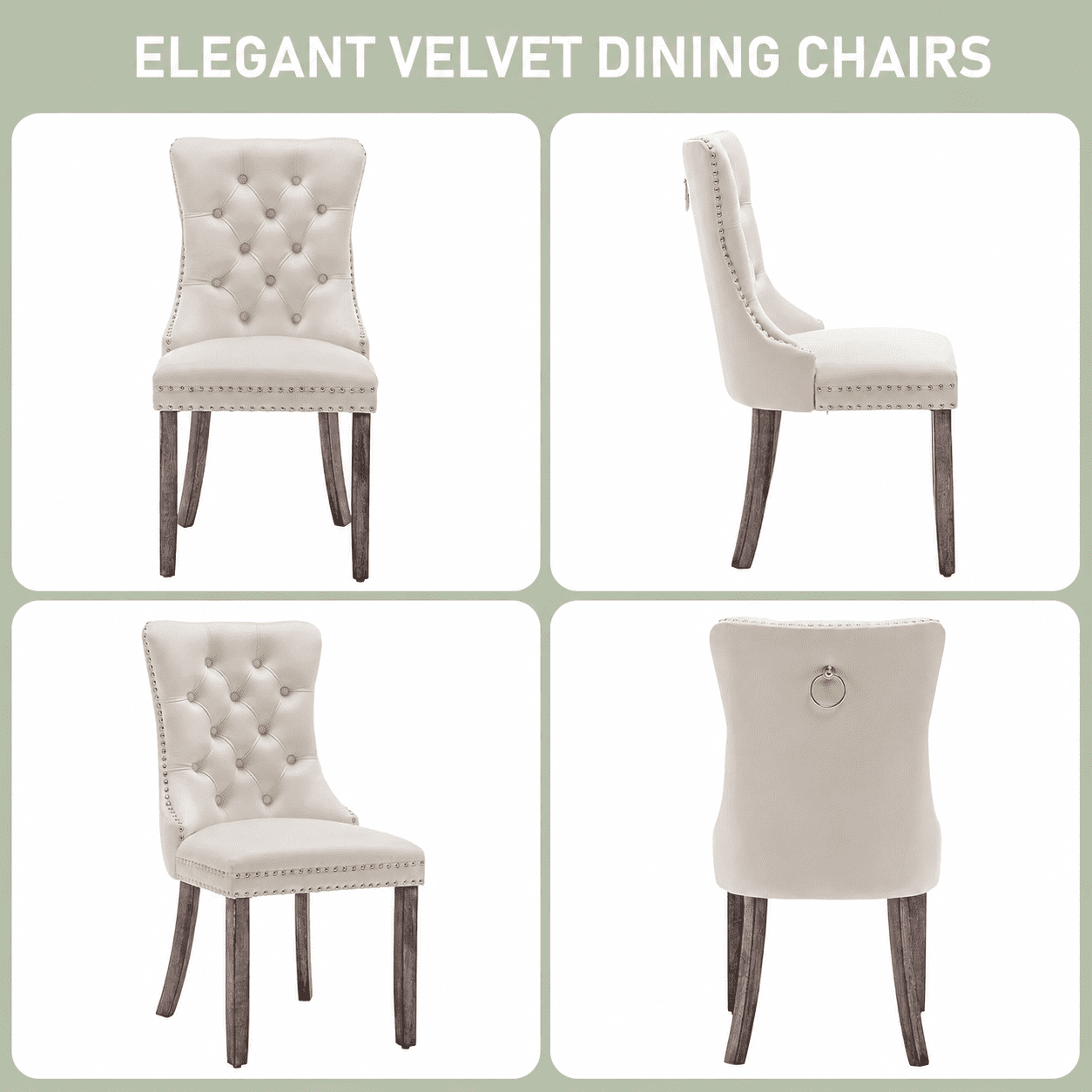 LegaHome Dining Chairs Set of 2, Velvet Upholstered Dining Chair with Nailhead Trim&Solid Wood Legs, Button Padded Dining Chairs Set for Kitchen Dining Room Living Room, Beige