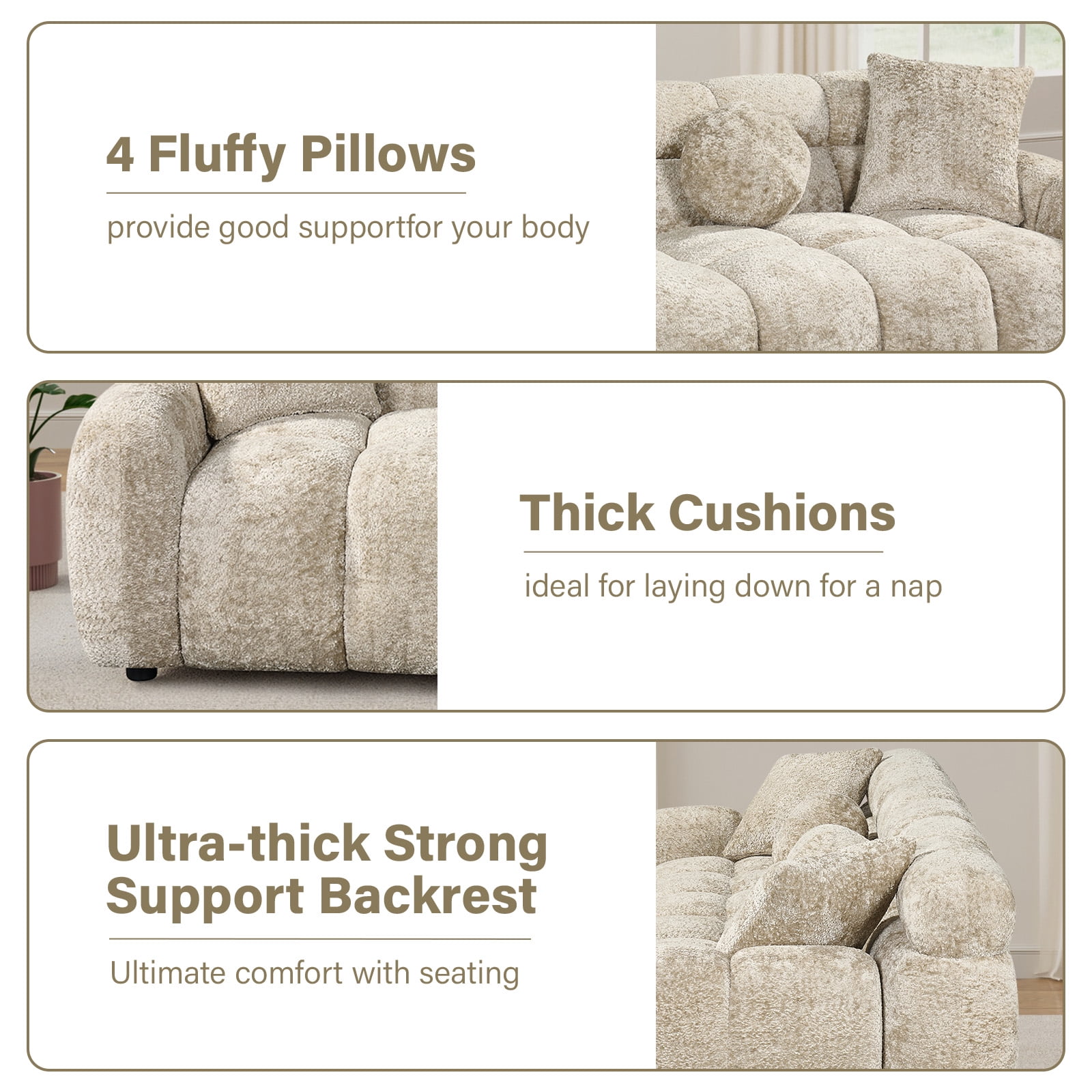 Wiilayok 87.3" Modern Tufted Upholstered Fluffy Chenille 3 Seater Sofa with 4 Pillows，Comfy Sherpa Deep Seat Cloud Couch, Small Love Seat for Living Room Apartment, Light Brown