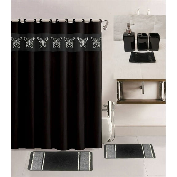 19PC COMPLETE BATHROOM BATH MATS SHOWER CURTAIN WITH CERAMIC ACCESSORIES SET