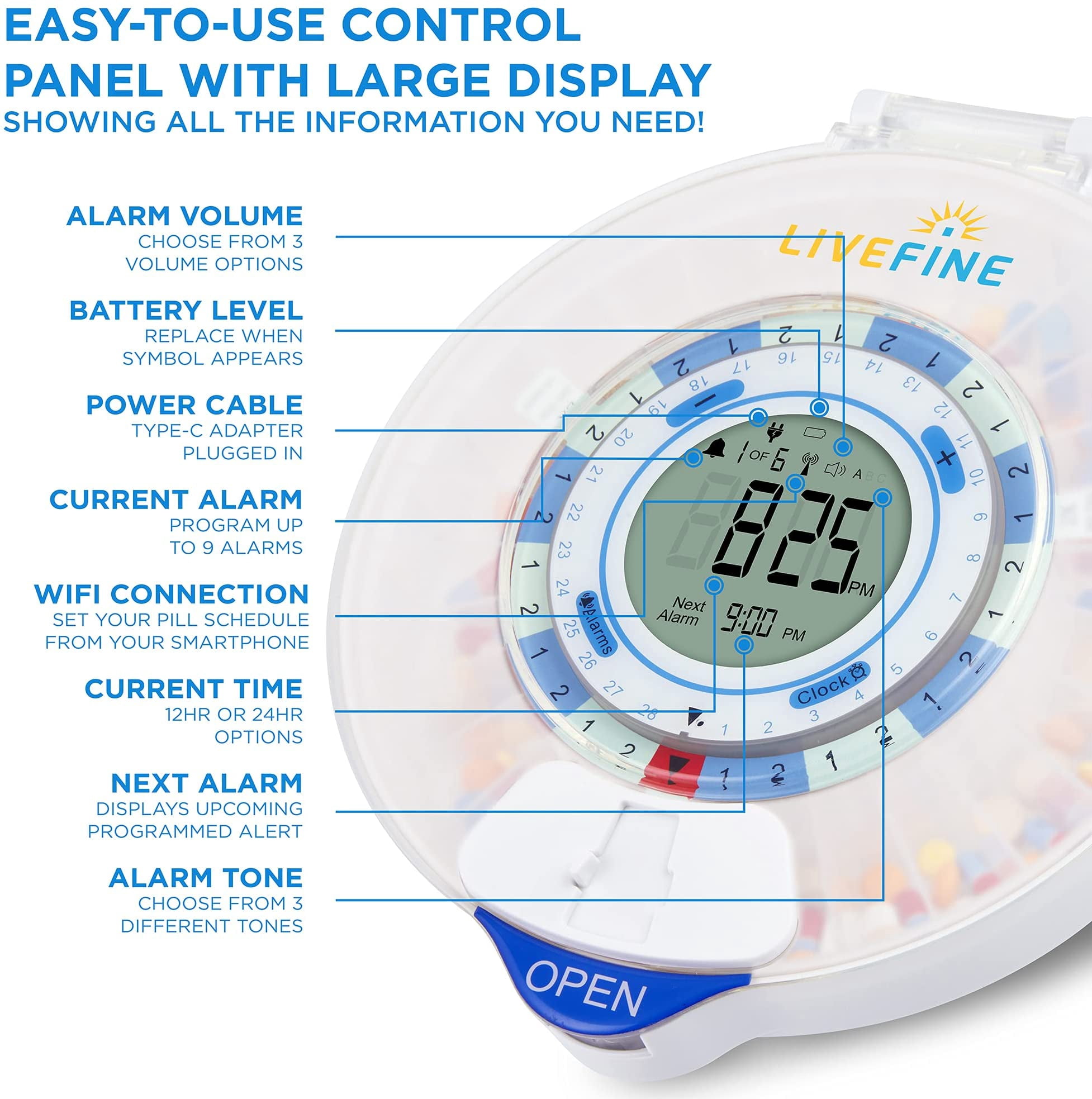 Live Fine Smart Automatic Wifi Pill Dispenser Pill Organizer, Frosted