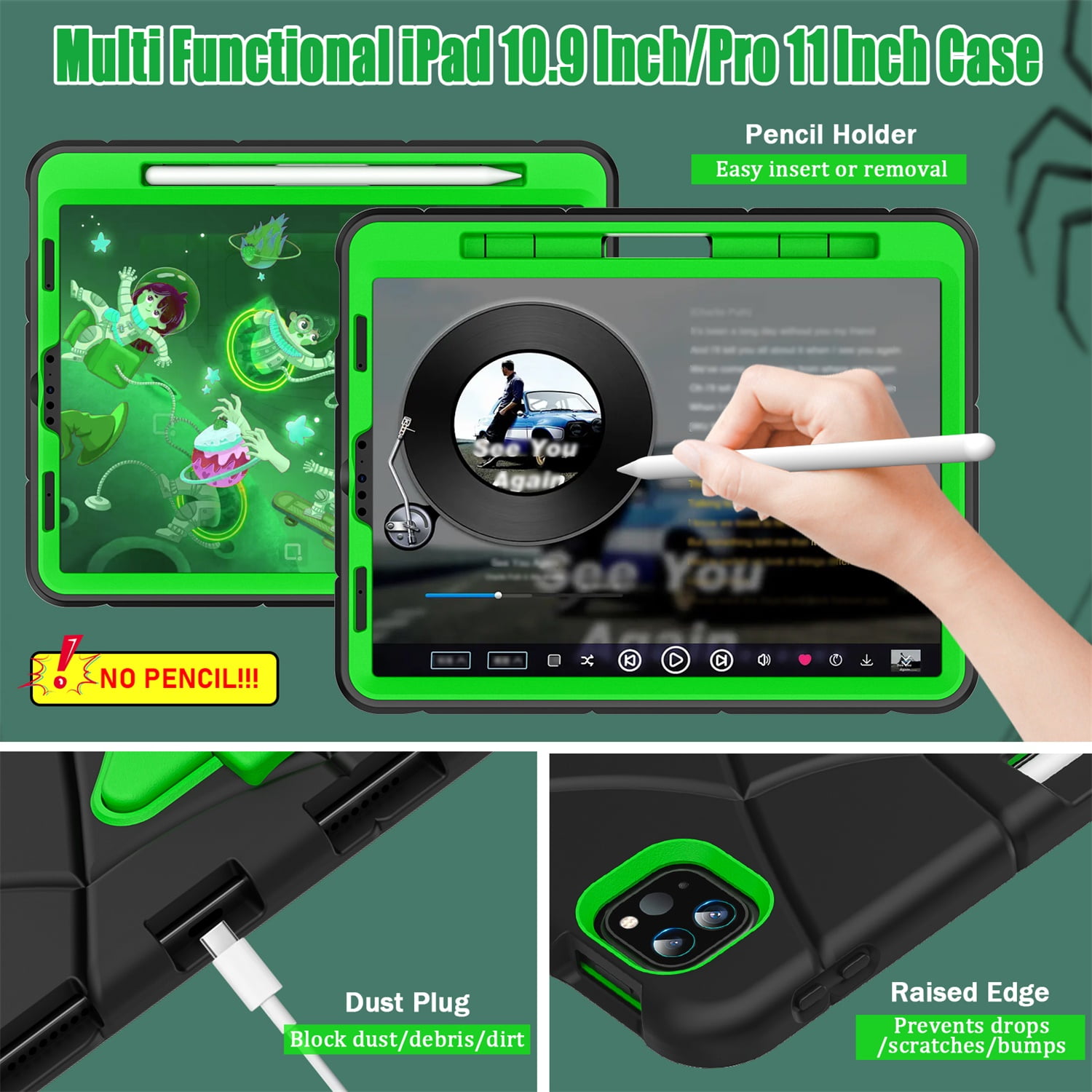 Kids Case for iPad 9th/8th/7th Generation with Pencil Holder, Lightweight Shockproof Stand Anti-Slip Rugged Silicone PC Case Cover for iPad 10.2" 2021/2020/2019 for Boys Girls, Black+Green