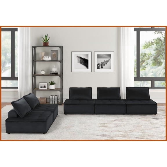 Modern Black Velvet 5-Piece Sofa & Loveseat Set – 120” Sofa   80” Loveseat for Living Room