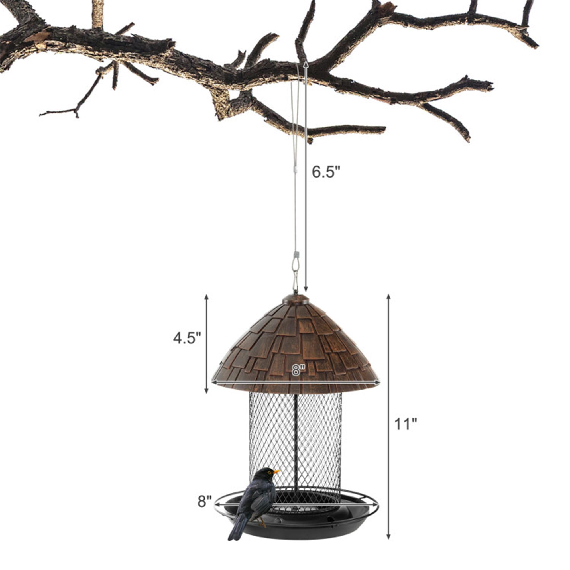 Kadyn 17" Metal Hanging Bird Feeder with Perch and Drain Holes, Squirrel-proof Wild Bird Feeder for Outdoors, Gray