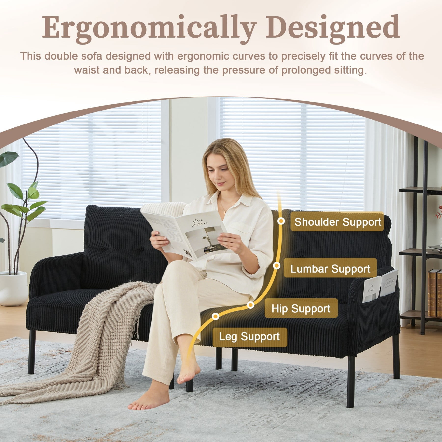 Oversized Loveseat Sofa, Modern Corduroy Upholstered Couch with Side Pockets & Metal Legs for Living Room Bedroom, Black