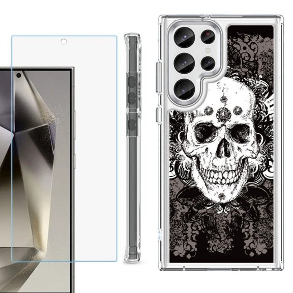 OneToughShield ® Case Compatible with Samsung Galaxy S24 Ultra, Shockproof Bumper Phone Case, with Tempered Glass Screen Protector - Grunge Skull