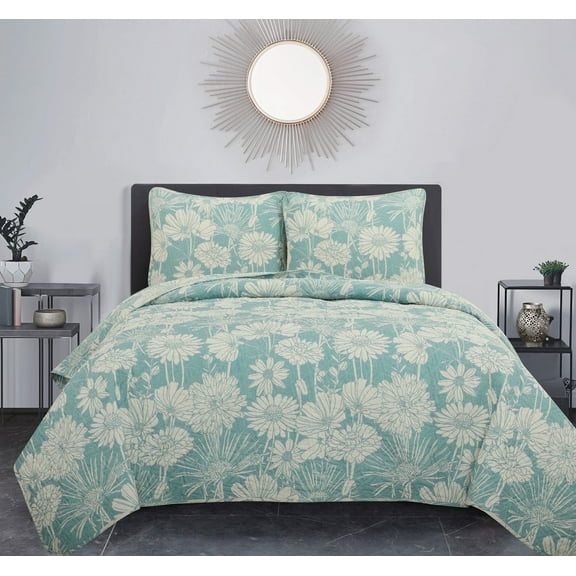 Lanco Floral Quilt Set Queen Size , Color Blue, 3 Piece, Print Microfiber Double Pinsonic Quilting , Bedspreads & Coverlets , All Season
