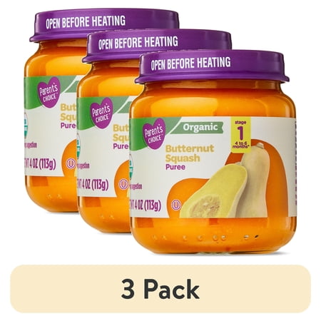 (3 pack) Parent's Choice Stage 1 Baby Food Butternut Squash Puree, 4 oz Jar