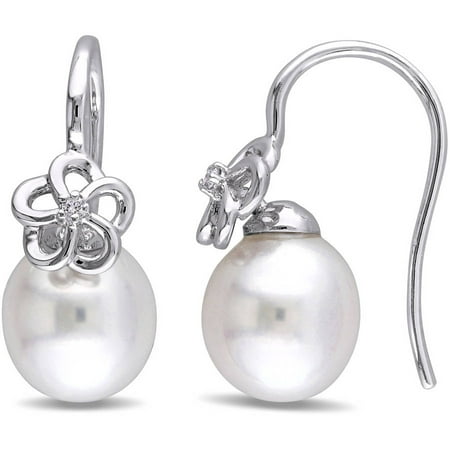 Miabella 10-10.5mm White Cultured Freshwater Pearl and Diamond-Accent Sterling Silver Shepherd Hook Earrings