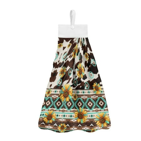 

ZIATUBLE Aztec Ethnic Sunflower Hanging Hand Towels Cow Print Hanging Kitchen Towel with Loop Set 3 Pack Absorbent Bathroom Hand Bath Towel Soft Hanging Hand Towels with Loop Tea Towels